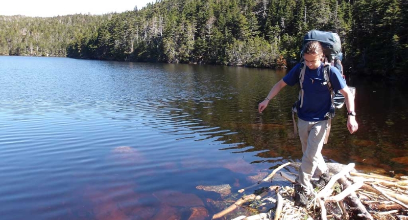 A person wearing a backpack walks beside a calm body of water with ever green trees lining the shore. 